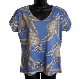 Hibiscus Hawaii Top Large L Blue Pineapple V-Neck Short Sleeve Women Aloha New